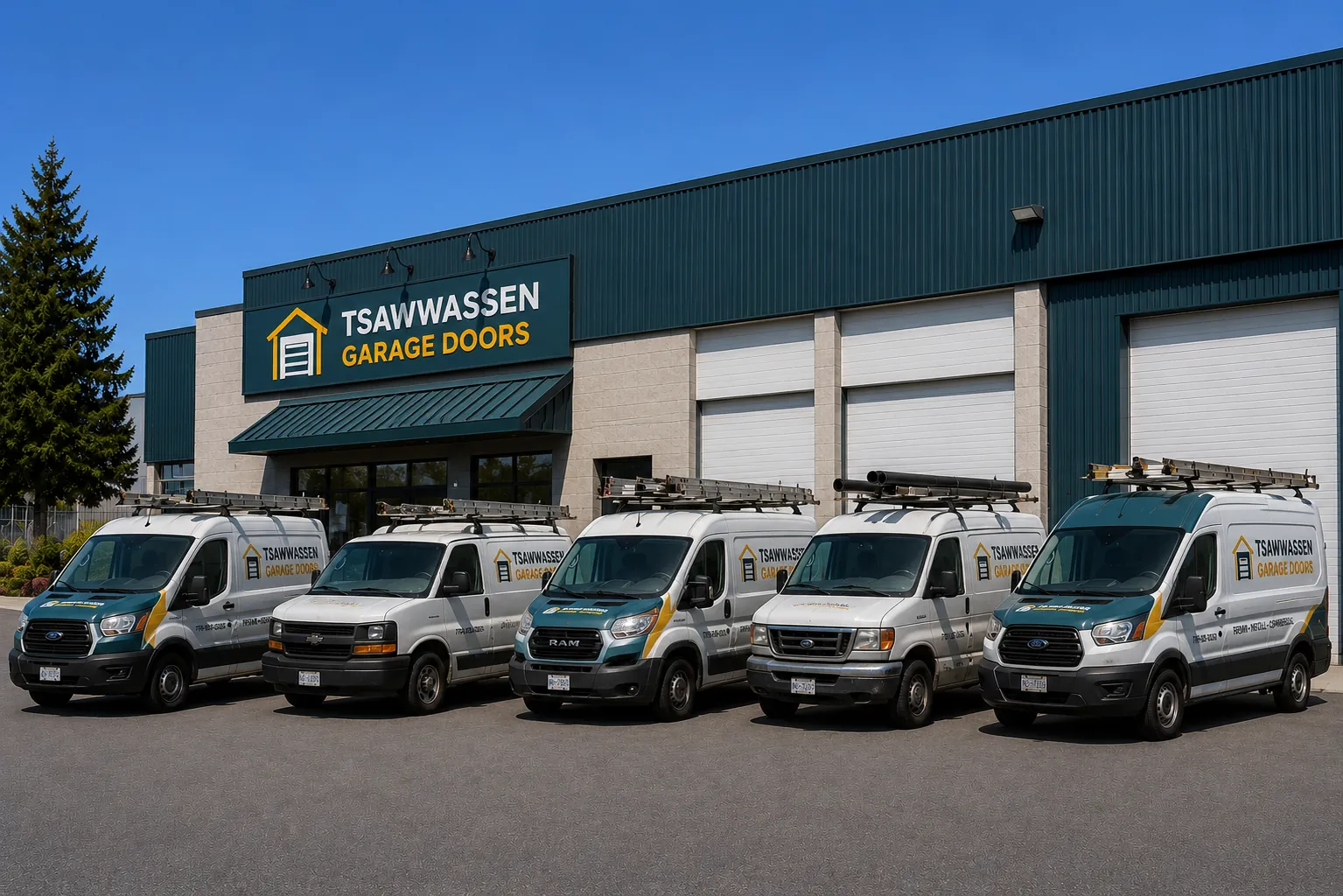 Fleet of Tsawwassen Garage Doors emergency service vans ready for same-day calls across Delta BC
