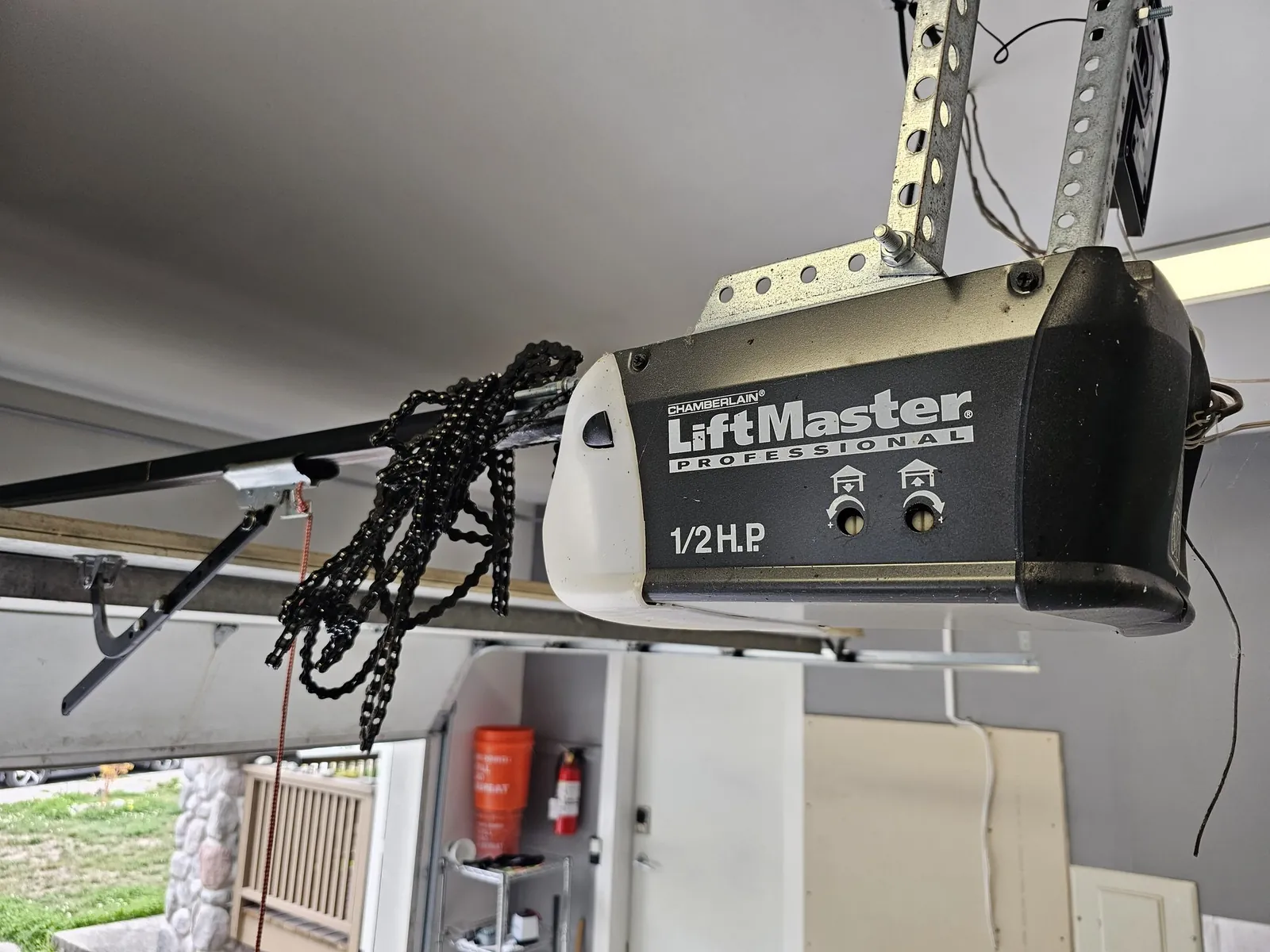 Chamberlain LiftMaster Professional 1/2 HP opener on the ceiling of an English Bluff, Tsawwassen garage