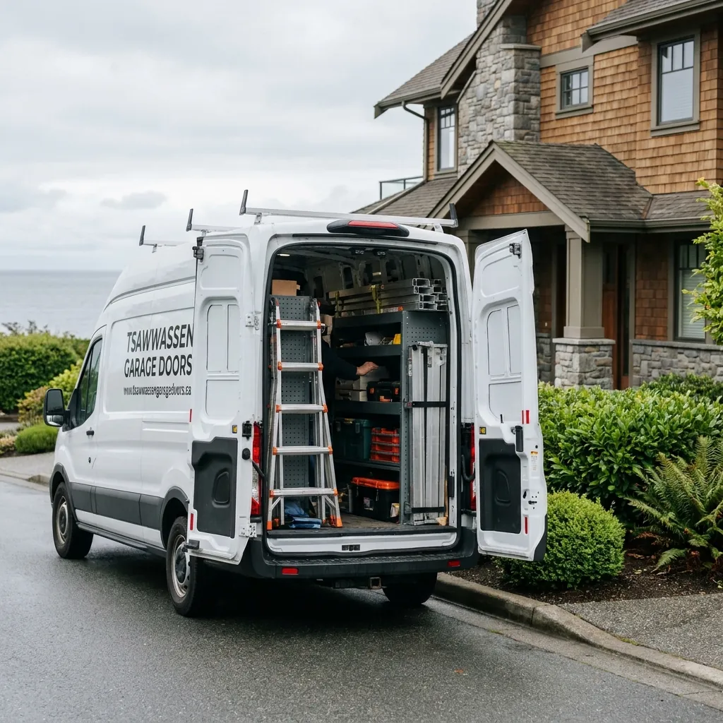 Local garage door technician carrying tools up the driveway of a Tsawwassen home