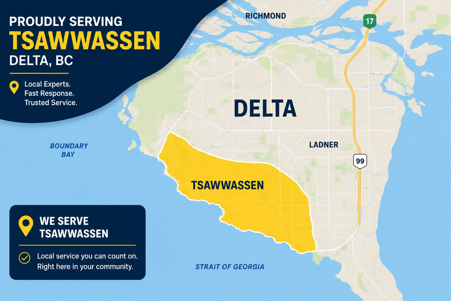 Map showing Tsawwassen highlighted within Delta BC, near Ladner and the Strait of Georgia