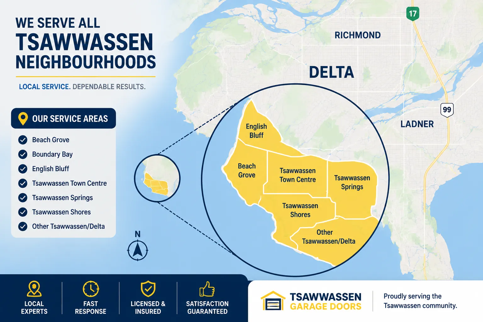 Map of the Tsawwassen neighbourhoods we serve — Beach Grove, Boundary Bay, English Bluff, Town Centre, Springs and Shores in Delta BC