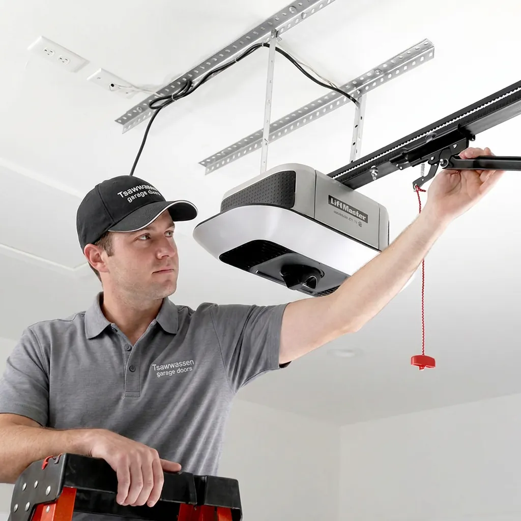 Technician servicing a LiftMaster garage door opener motor unit on the ceiling